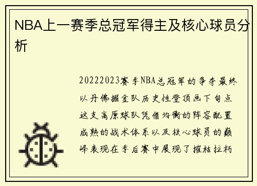 NBA上一赛季总冠军得主及核心球员分析